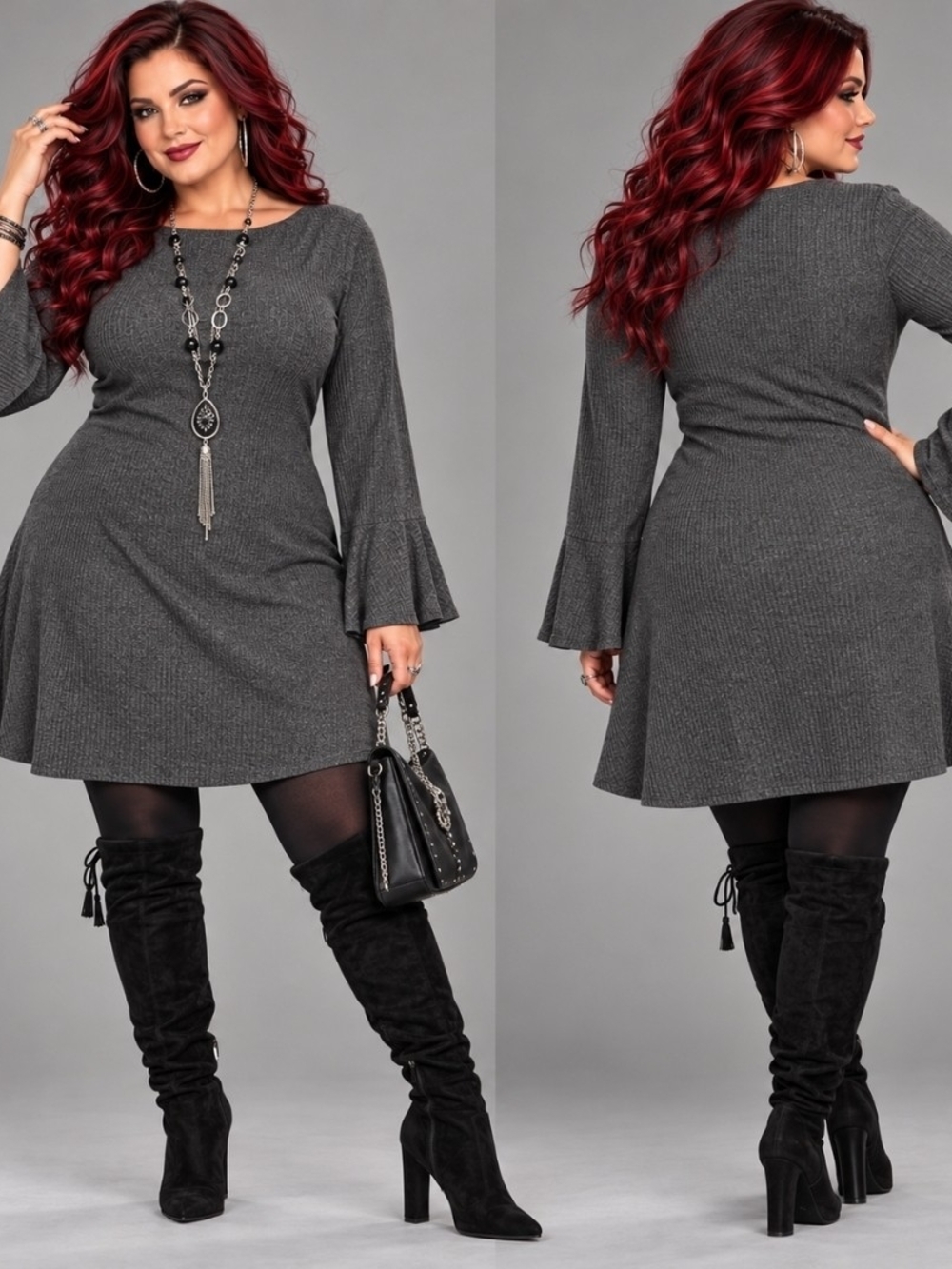 Mary & Mo | Charcoal Ribbed Bell Sleeve Mini Dress | XL Juniors | NWT | Grunge